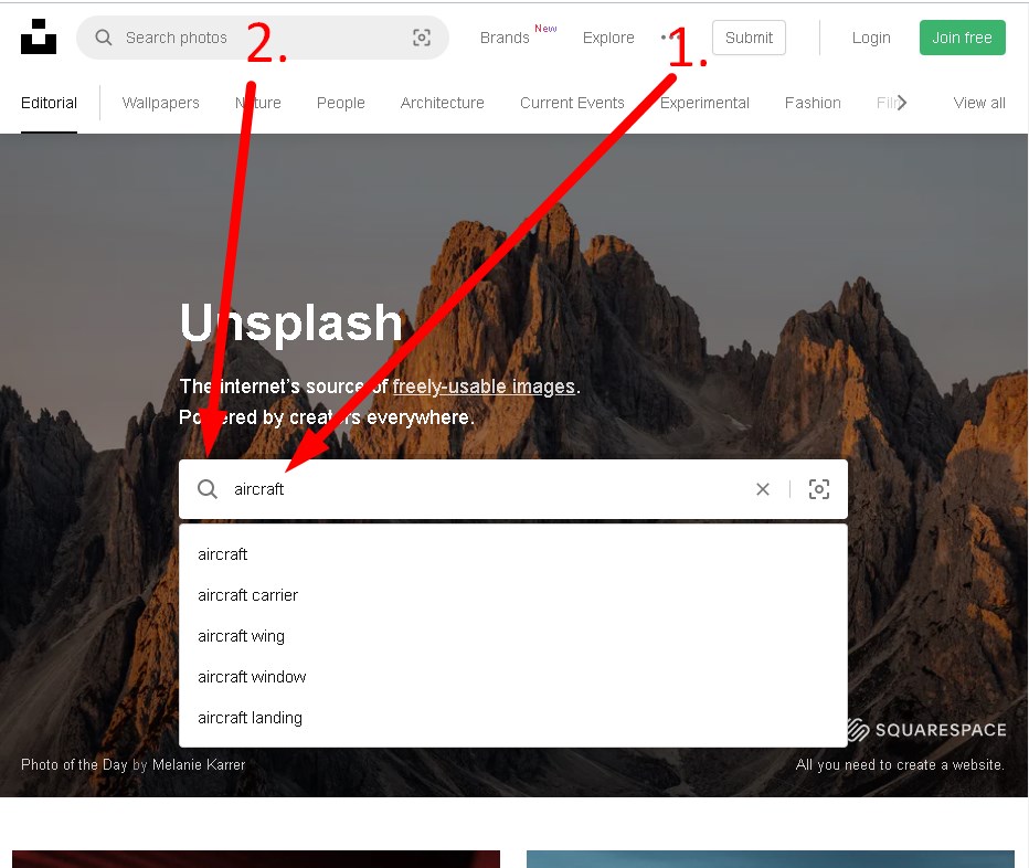 Как вводить ключевое слово на сайте unsplash.com