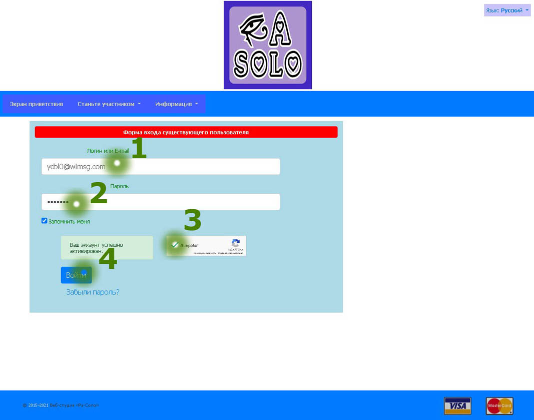 Скриншот страницы входа в панель управления с введенными реквизитами